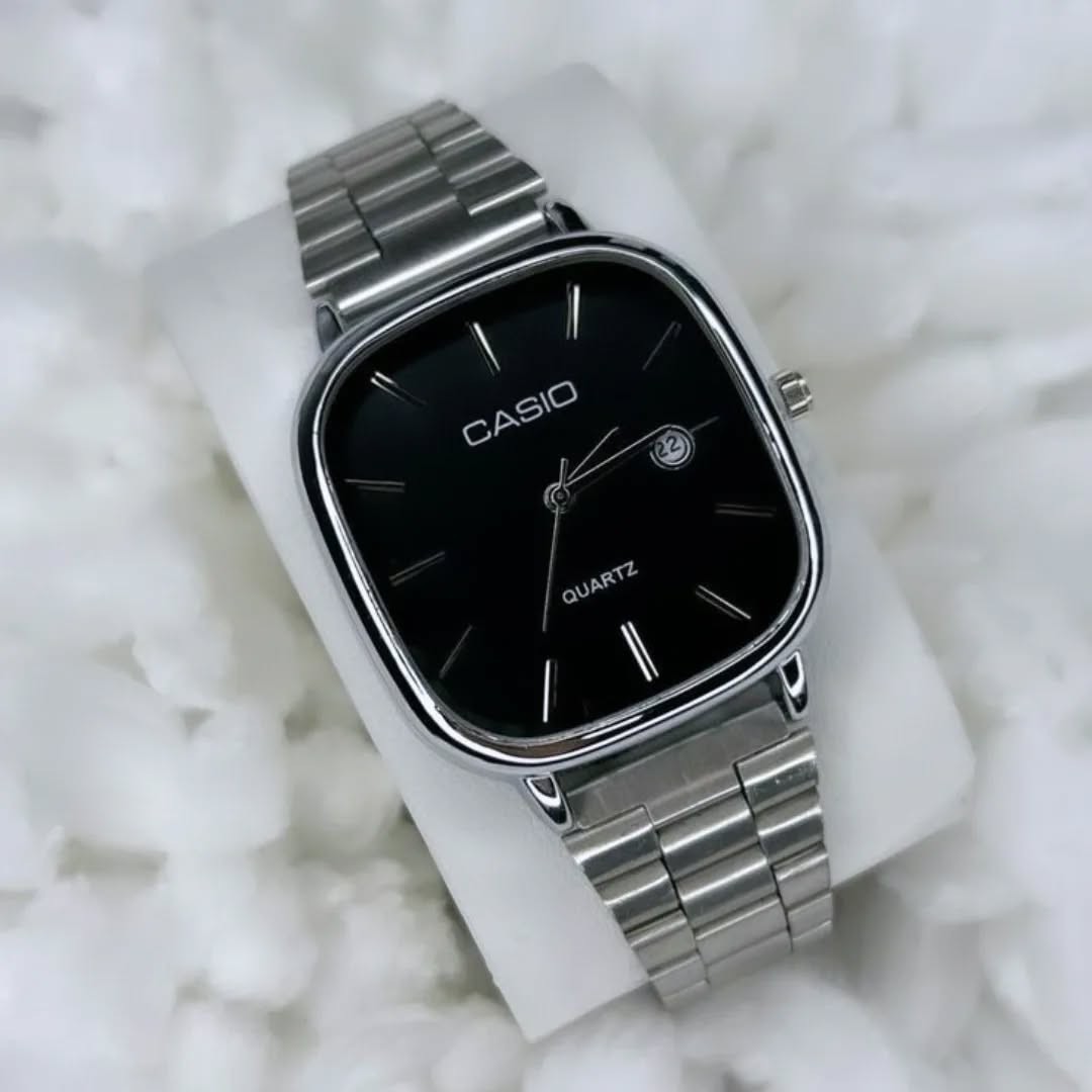 ساعت مچی مردانه کاسیو casio بند استیل نقره ای صفحه مربعی مشگی ضداب شیک وخاص