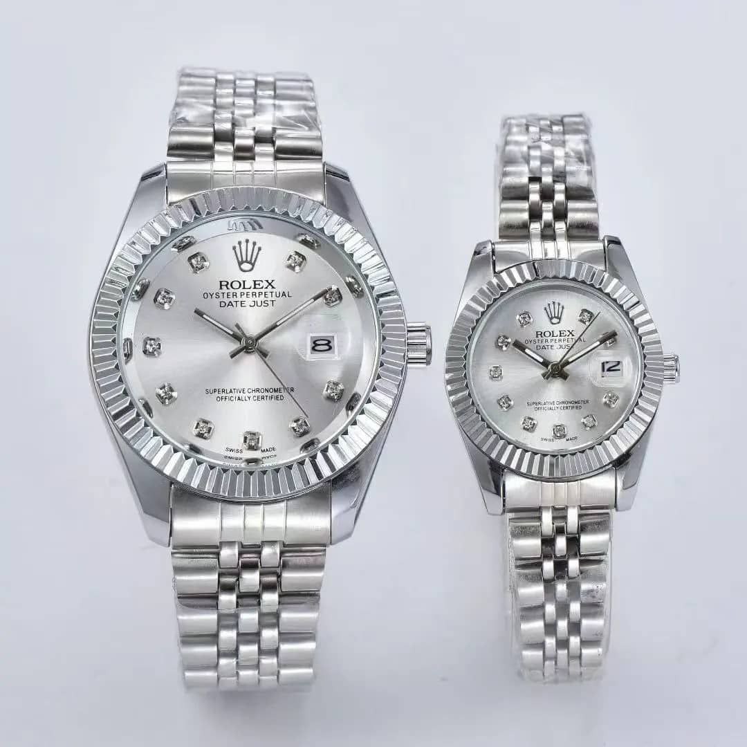 ست ساعت رولکس زنانه و مردانه ROLEX دیت جاست فول استیل صفحه سیلور (سفید) و مشکی + اشانتیون