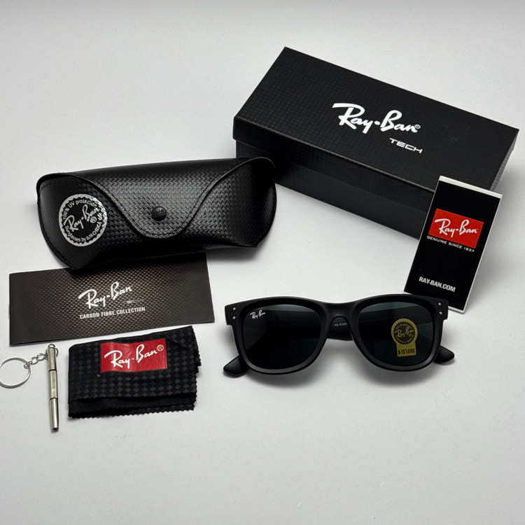 عینک آفتابی ریبن ویفرر شیشه سنگ مشکی مات به همراه پک کامل ریبن Rayban WAYFARER RB 0502S
