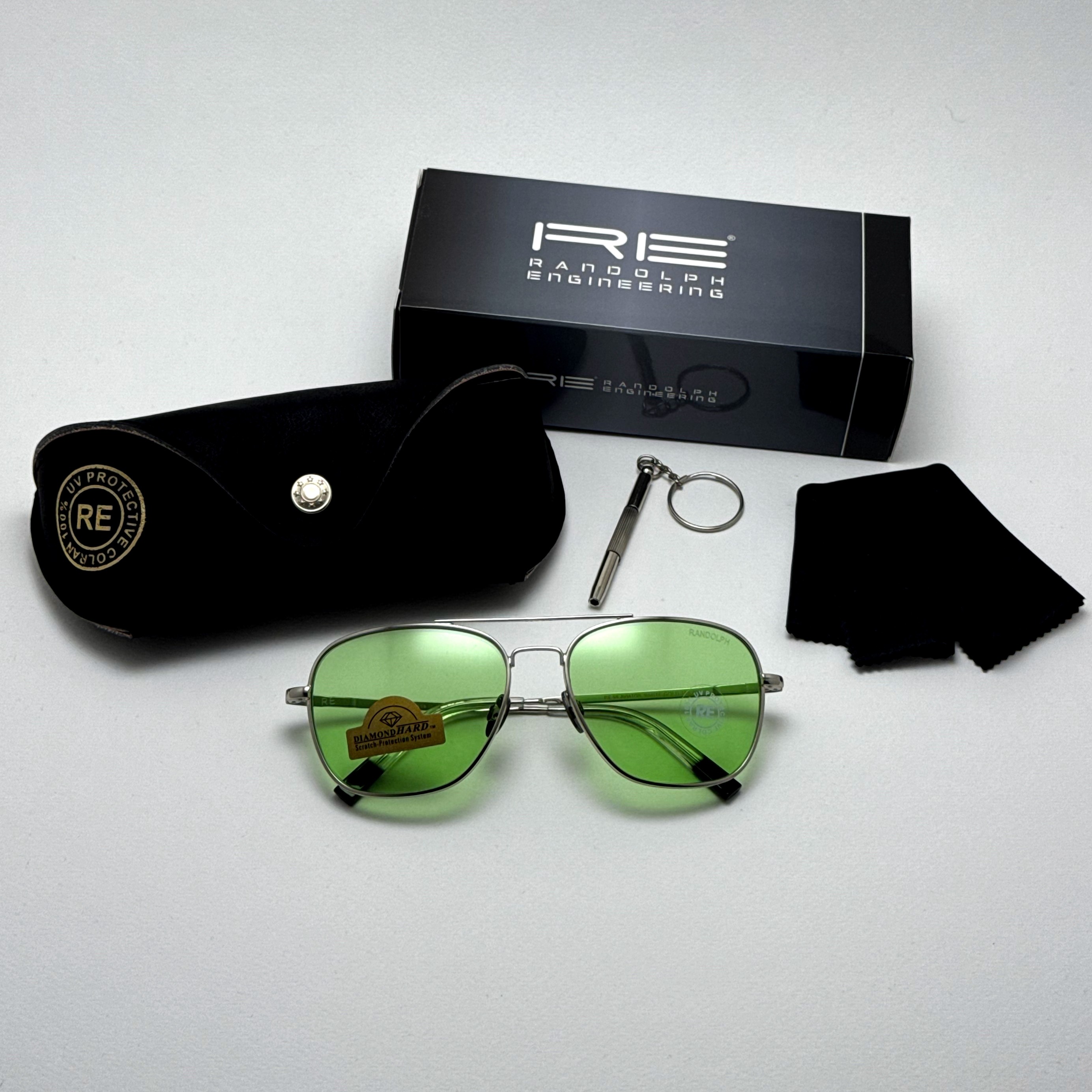 عینک آفتابی و شب خلبانی رندولف شیشه سنگ سبز فریم نقره ای فول پک اصلی RANDOLPH AVIATOR RE 58 24K GOLD