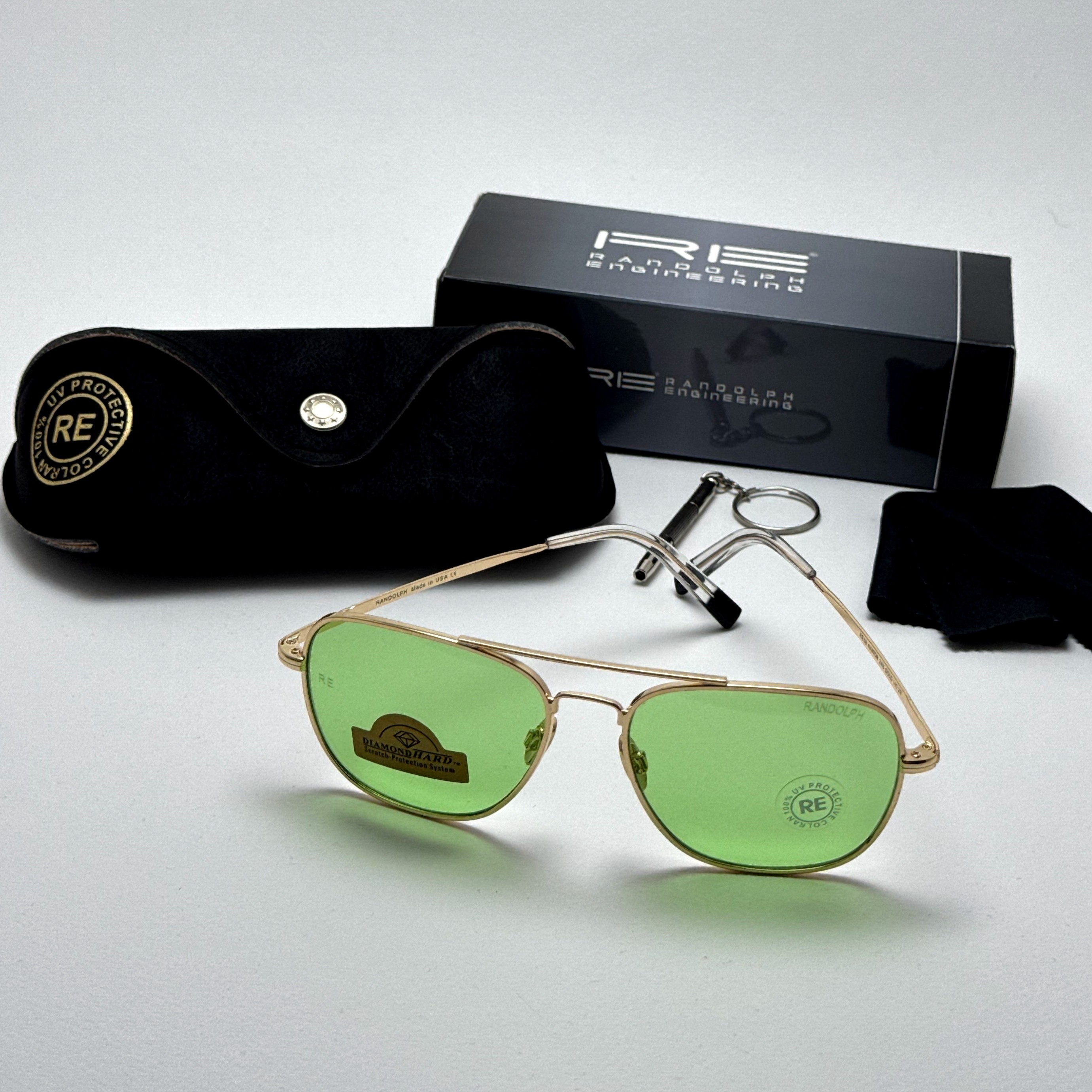 عینک شب و آفتابی خلبانی رندولف شیشه سنگ سبز فریم طلایی فول پک اصلی RANDOLPH AVIATOR RE 58 24K GOLD