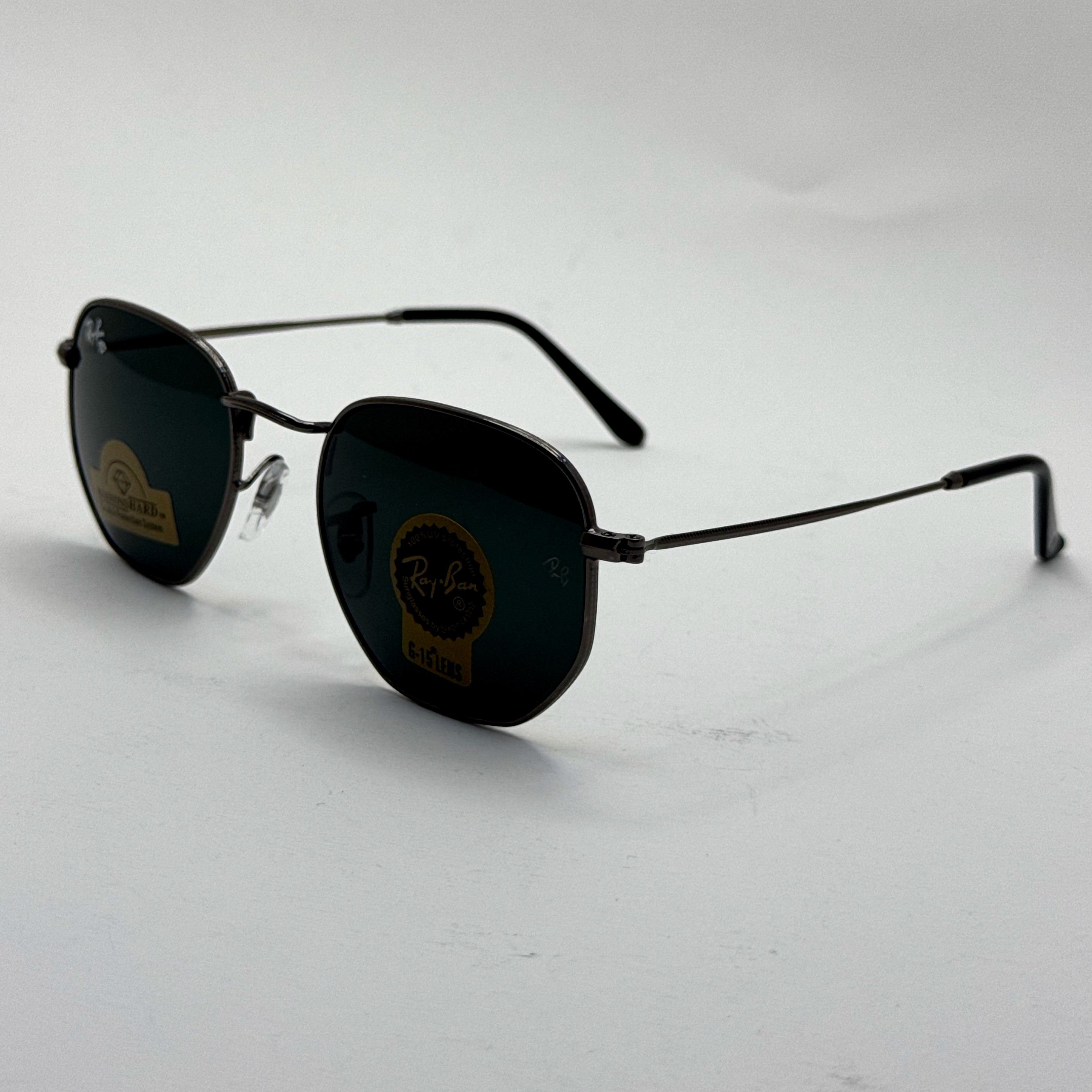 عینک ریبن هگزونال شیشه سنگ فریم نوک مدادی عدسی مشکی به همراه پک کامل ریبن کد Rayban RB 3548