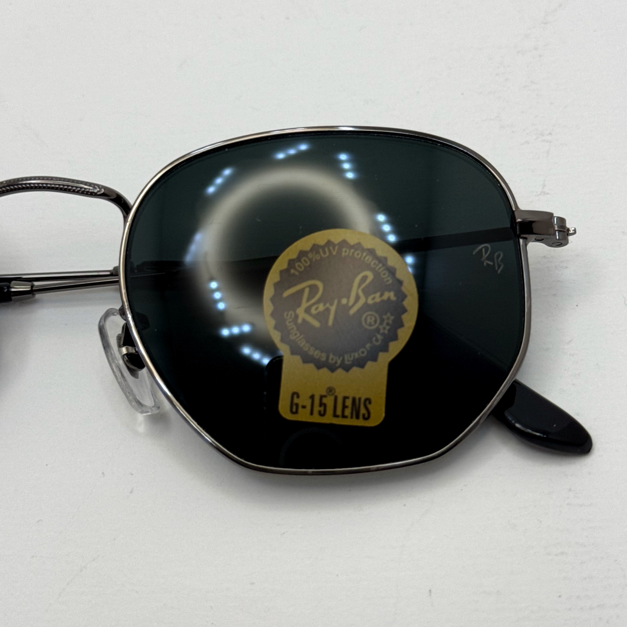 عینک ریبن هگزونال شیشه سنگ فریم نوک مدادی عدسی مشکی به همراه پک کامل ریبن کد Rayban RB 3548