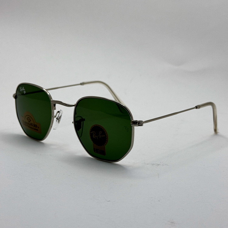 عینک ریبن هگزونال شیشه سنگ سبز فریم نقره ای به همراه پک کامل ریبن کد Rayban RB 3548