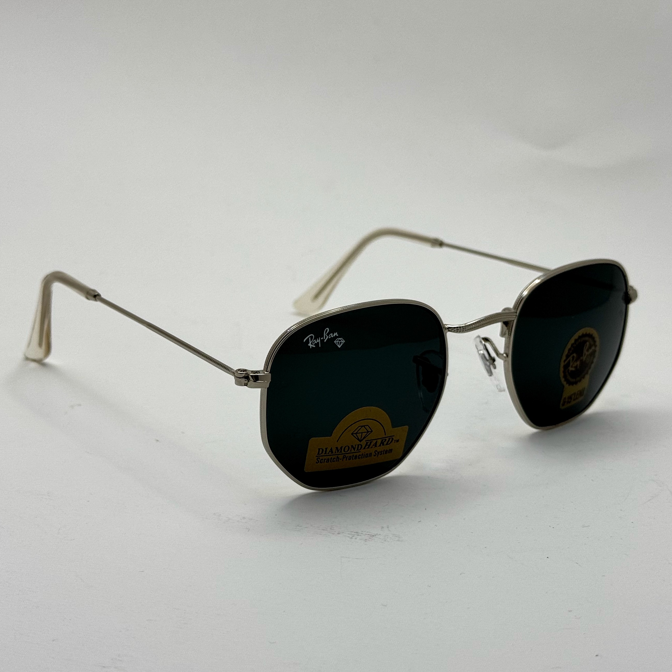 عینک ریبن هگزونال شیشه سنگ مشکی فریم نقره ای به همراه پک کامل ریبن کد Rayban RB 3548