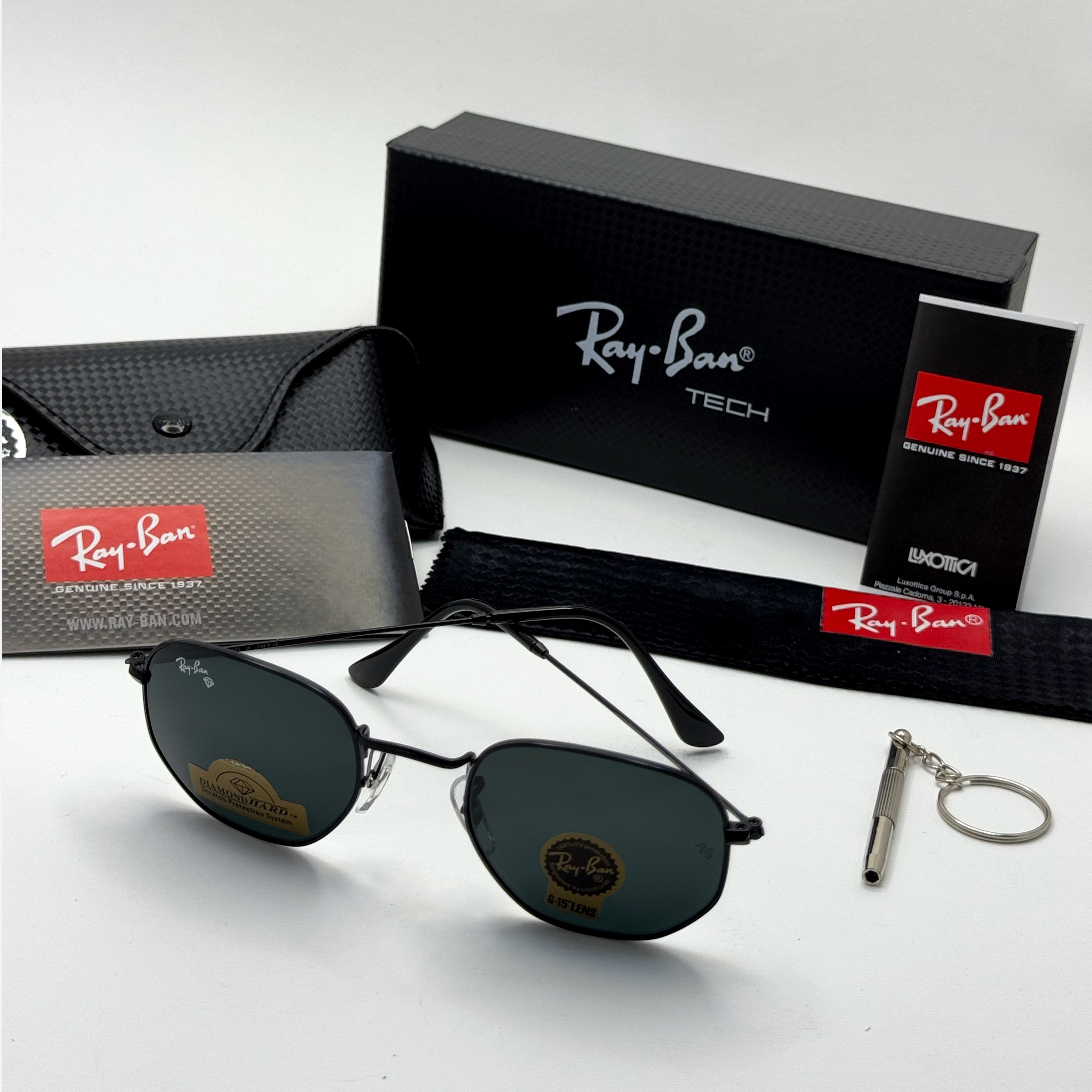 عینک ریبن هگزونال شیشه سنگ تمام مشکی به همراه پک کامل ریبن کد Rayban RB 3548
