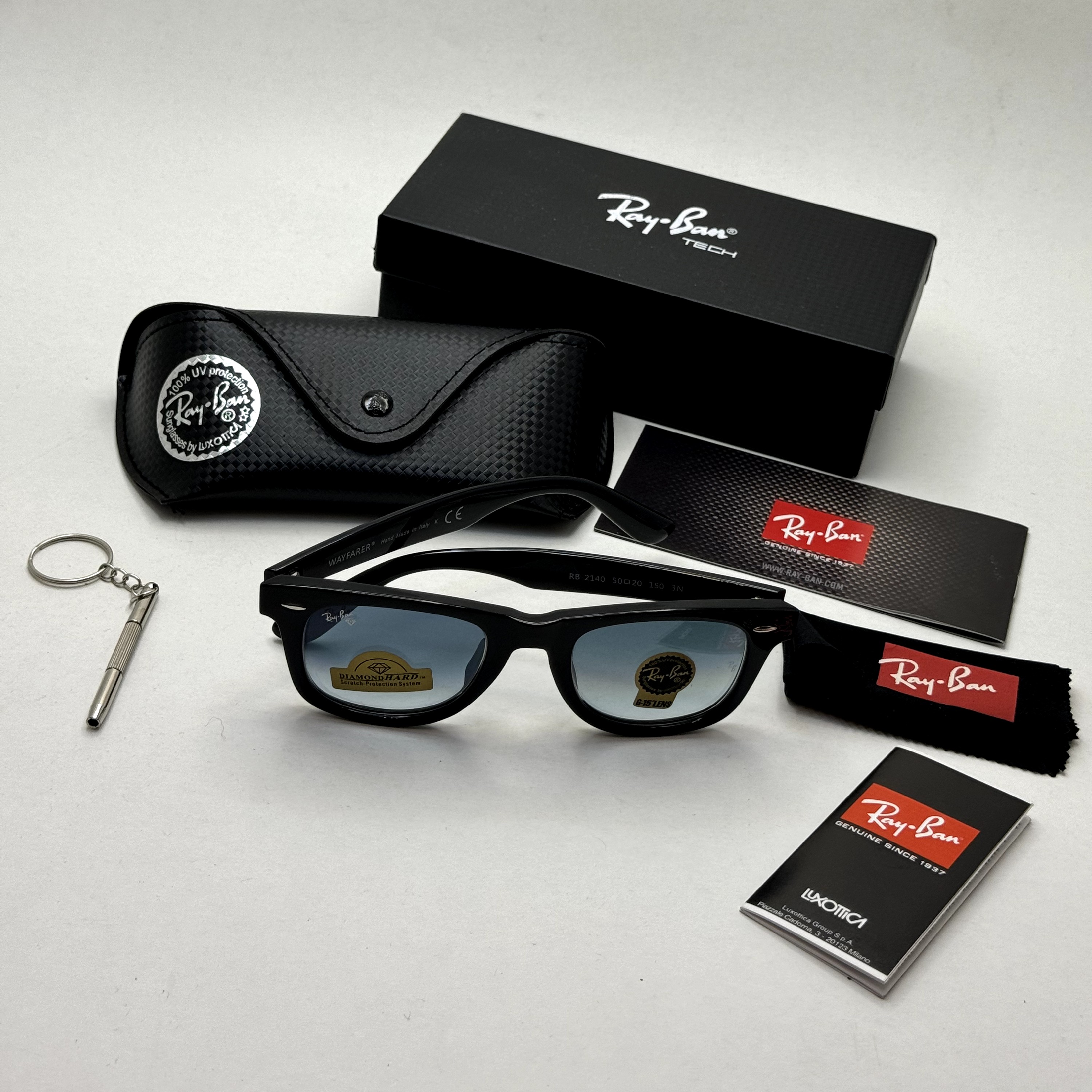 عینک ریبن ویفرر reyban WAYFARER سایز 50 آبی هایلایت به همراه پک کامل و اچار مخصوص عینک RB 2140