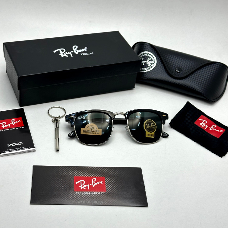 عینک آفتابی کلاب مستر ریبن rayban شیشه سنگ مشکی فریم نقره ای به همراه پک کامل RB 3016