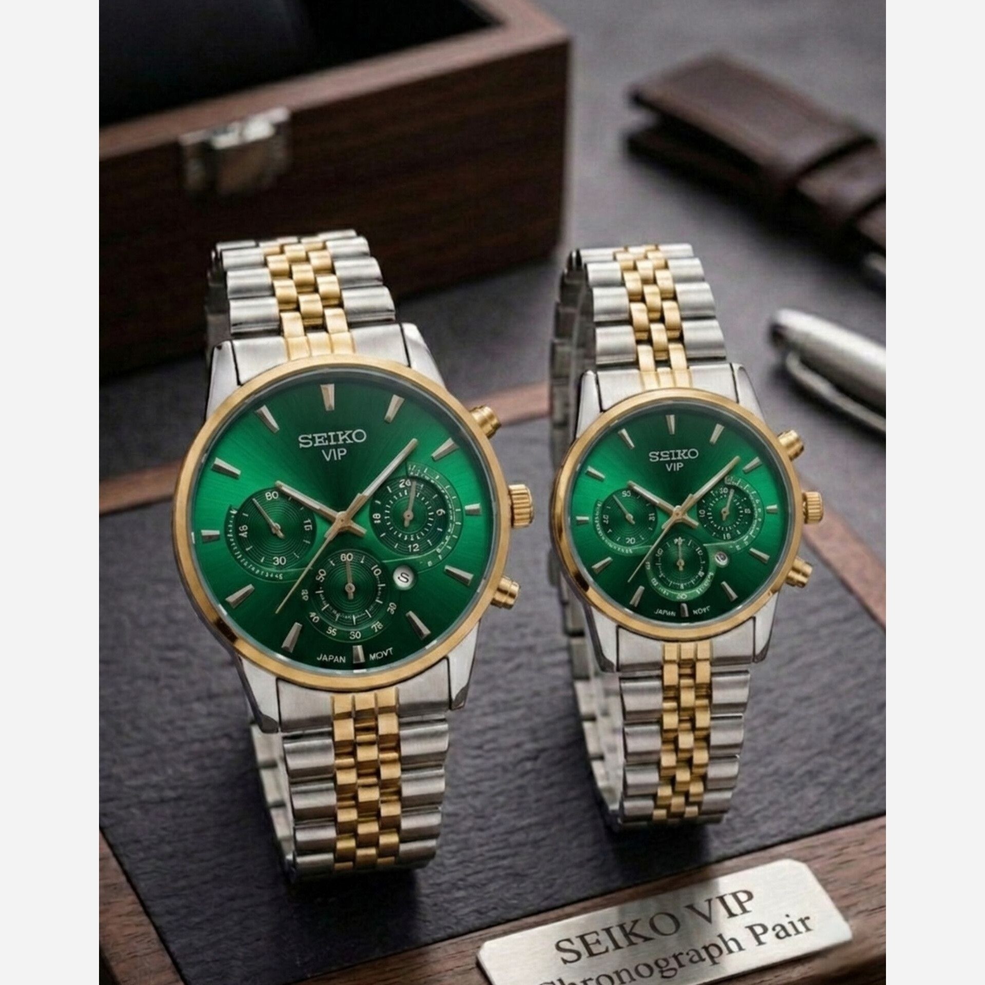 ست ساعت مردانه زنانه سیکو seiko vip بند استیل نقره ای طلایی صفحه سبز