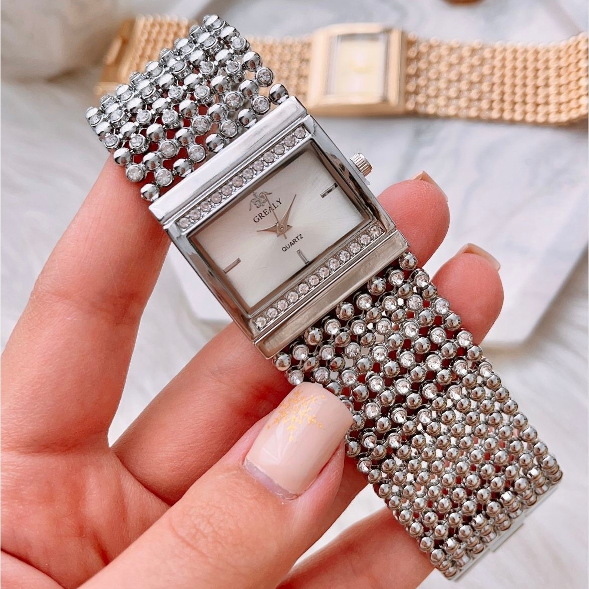 ساعت مچی زنانه دخترانه REALY jewellery نقره ای تیفانی مکعبی مجلسی خاص