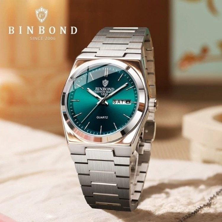 ساعت مچی مردانه بین باند binbond بند نقره ای صفحه سبز اورجینال ضد آب
