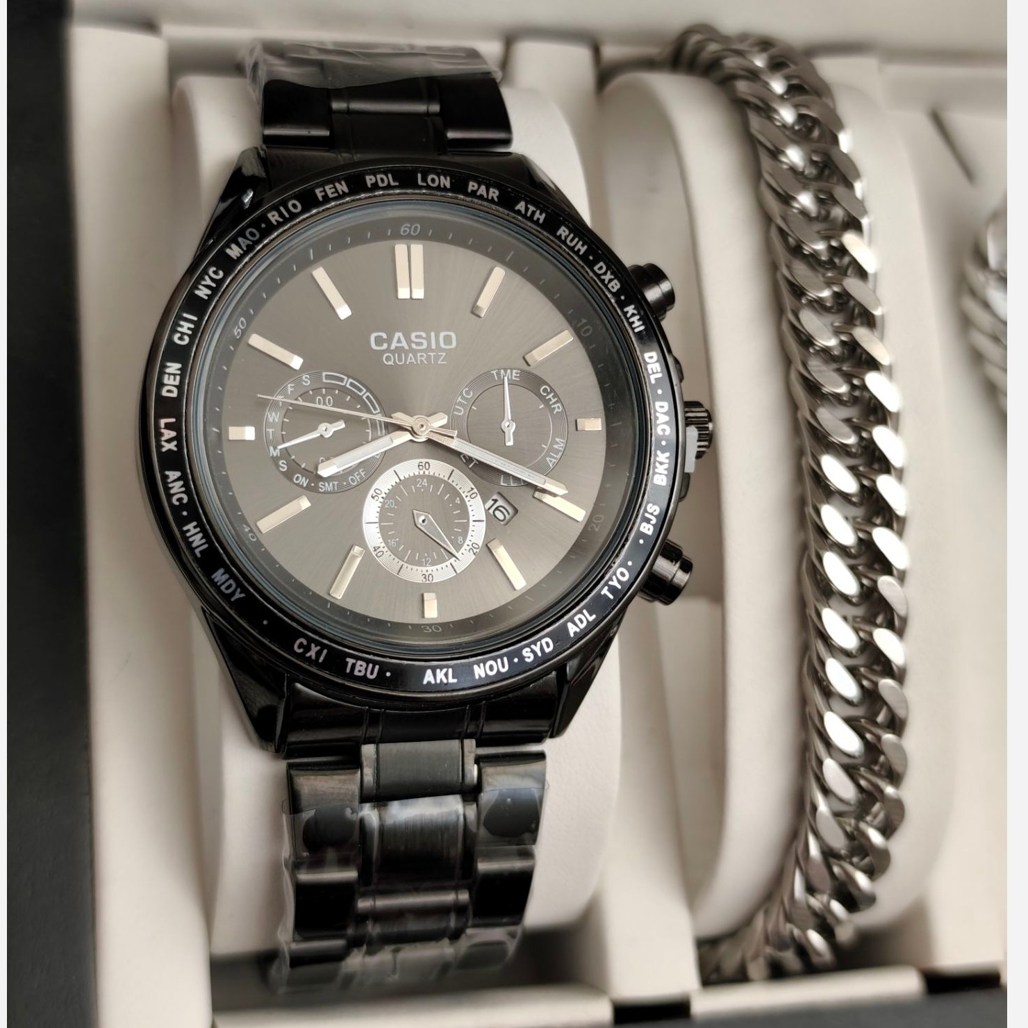 ست ساعت مردونه کاسیو casio با دستبند و گردنبند کارتیر و حلقه استیل