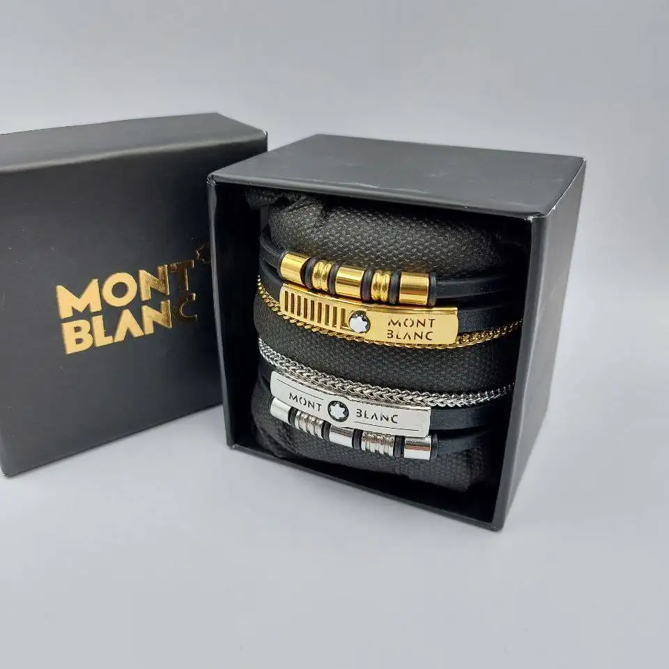 دستبند مردانه چرم و پلاک استیل طرح مونت بلک mont black سه لاین رنگ ثابت کد amp (پس کرایه)
