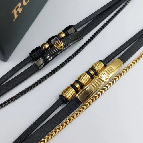 دستبند مردانه و پسرانه چرم و رولکس rolex سه لاین پلاک استیل رنگ ثابت کد amp (پس کرایه)