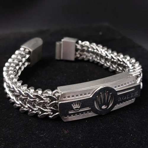 دستبند استیل مردانه پلاک رولکس ROLEX زنجیر چهار وجهی دولاین رنگ ثابت کد amp (پس کرایه)