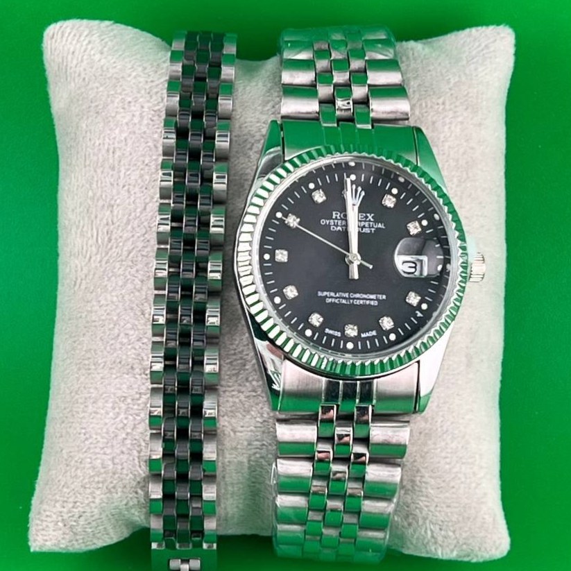 ساعت و دستبند رولکس Rolex مردانه استیل، تاریخ دار و دارای عقربه دید در شب رنگ ثابت کد zki (پس کرایه)