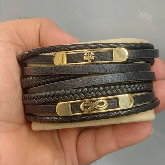 دستبند چرمی قفل و پلاک استیل مردانه طرح رولکس Rolex کیفیت چرم عالی تنوع طرح رنگ ثابت کد bn (پس کرایه)