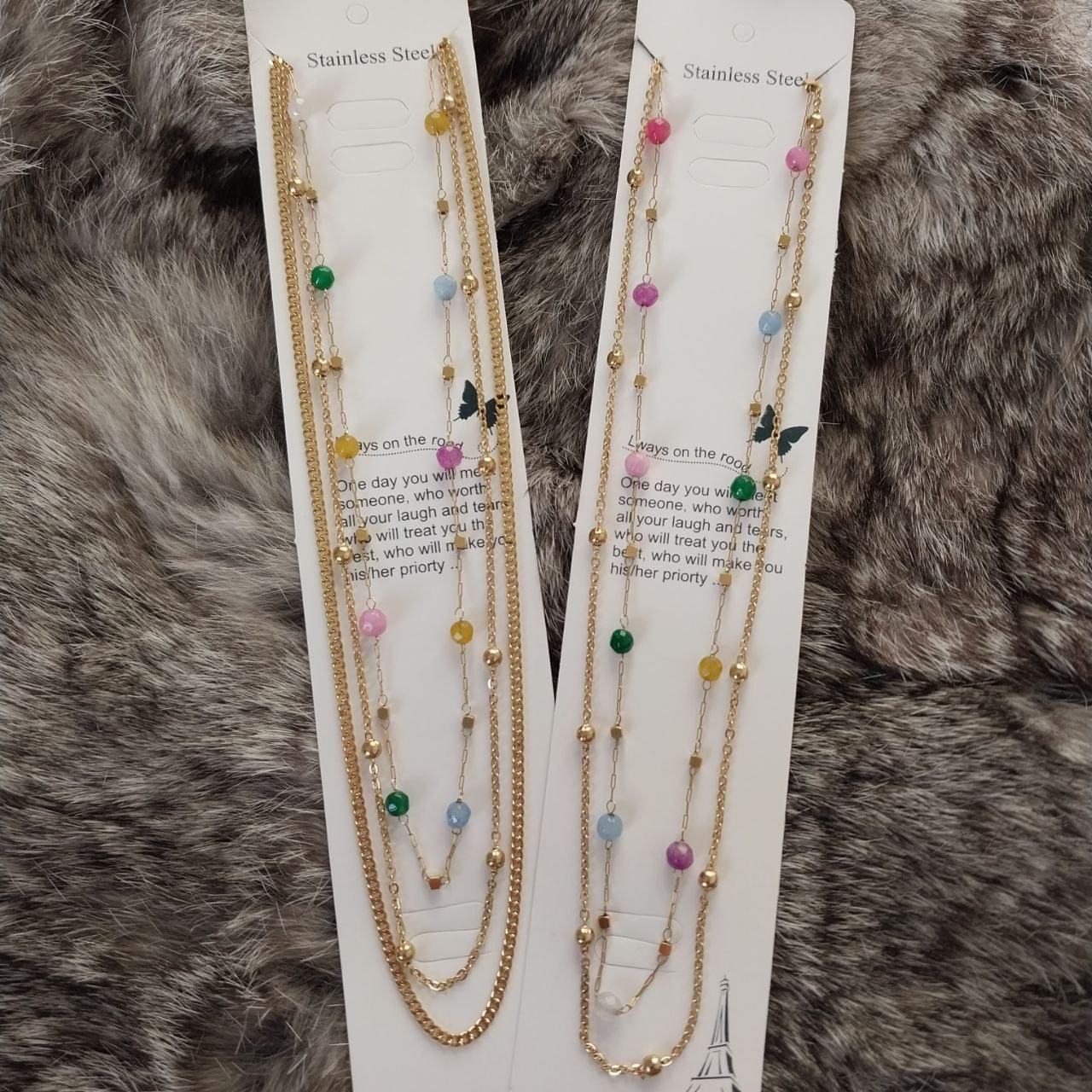 گردنبند استیل زنانه طرح الیزابت و سنگ طبیعی آماتیس سه لاین رنگ ثابت کد as (پس کرایه)