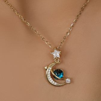 گردنبند و آویز پلاک طرح ماه و ستاره نگین رنگ ثابت کد mp