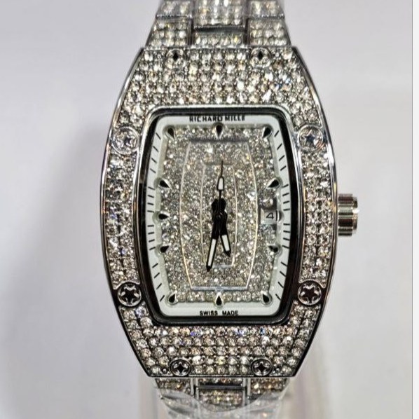 ساعت مچی زنانه ریچارد میل Richard Mille فول نگین مخراج کاری تاریخ دار بند استیل رنگ ثابت کد vn