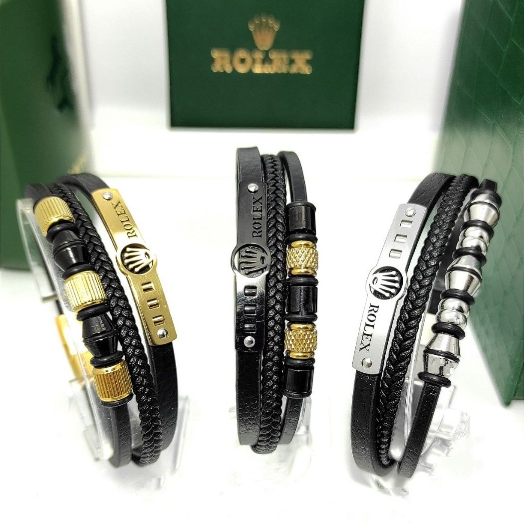 دستبند چرمی قفل و پلاک استیل مردانه رولکس ROLEX قفل مگنتی تنوع طرح رنگ ثابت کد mp