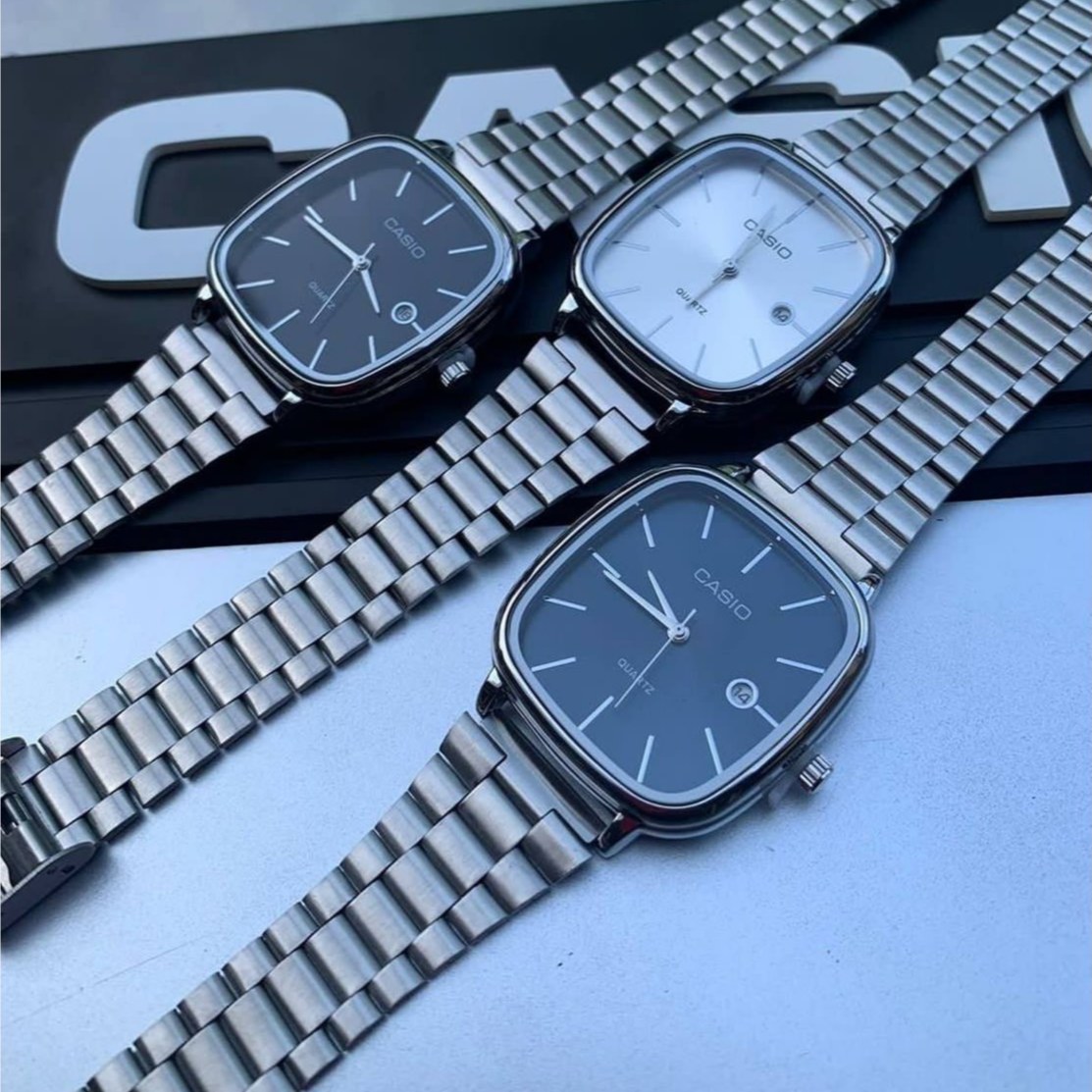 ساعت مچی کاسیو CASIO مربعی تاریخ دار بدنه کاملا استیل و رنگ ثابت کد KI