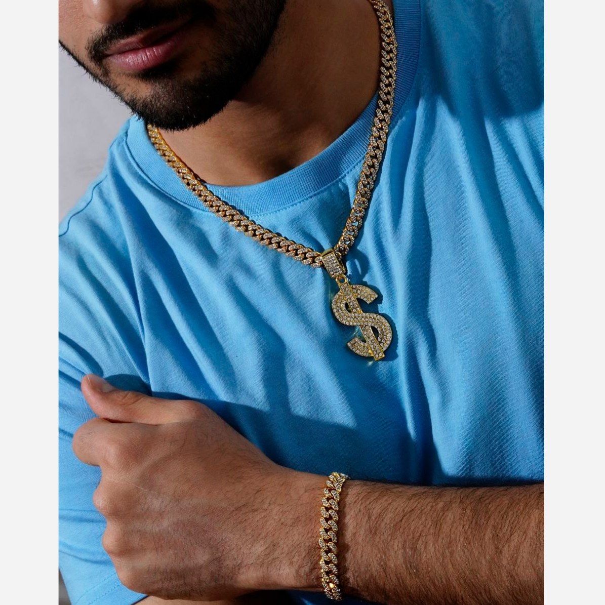 ست دستبند و گردنبند کارتیر فول نگین chain و پلاک آویز دلار s نگین کاری رنگ ثابت کد mp