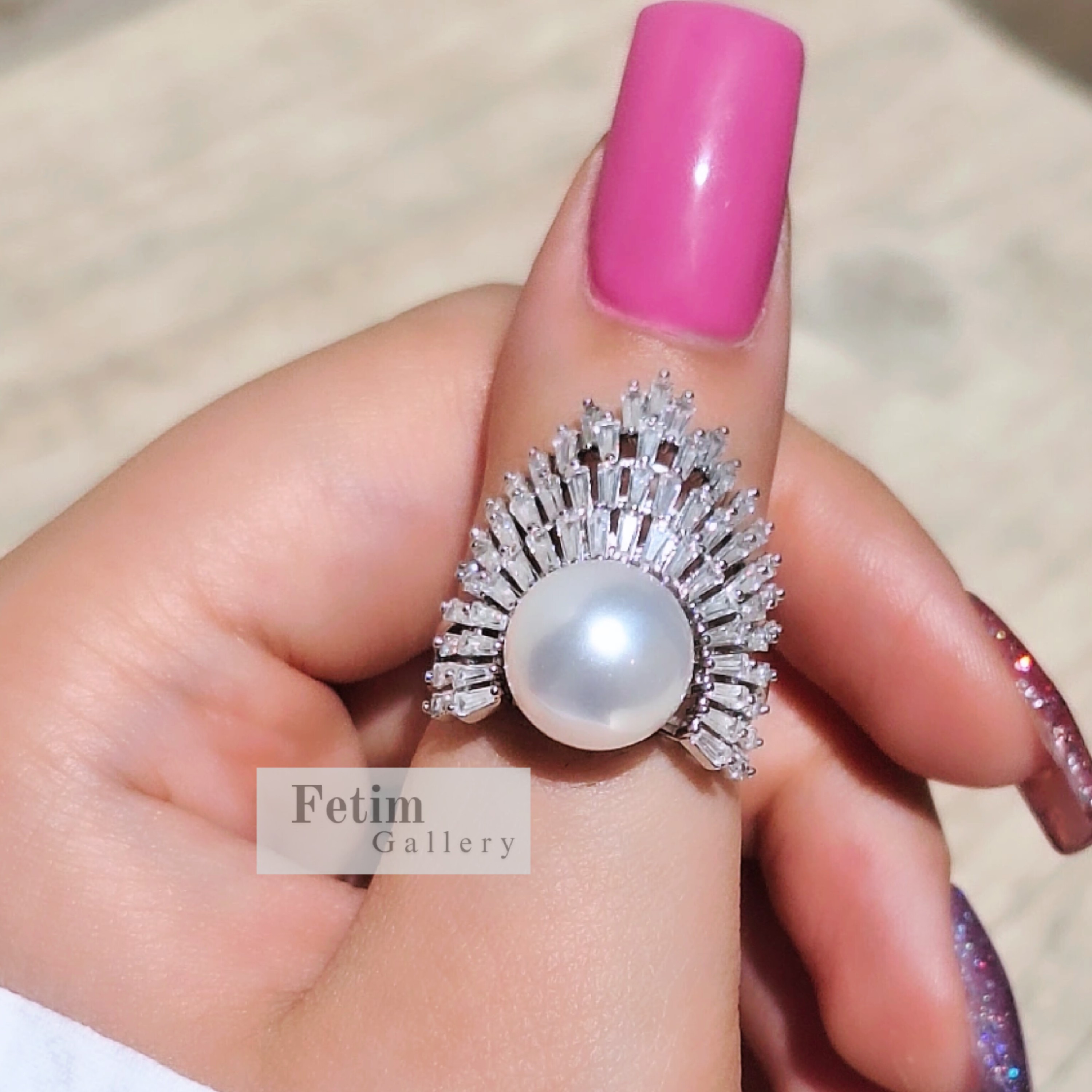 انگشتر جواهری فول نگین مرواریدی