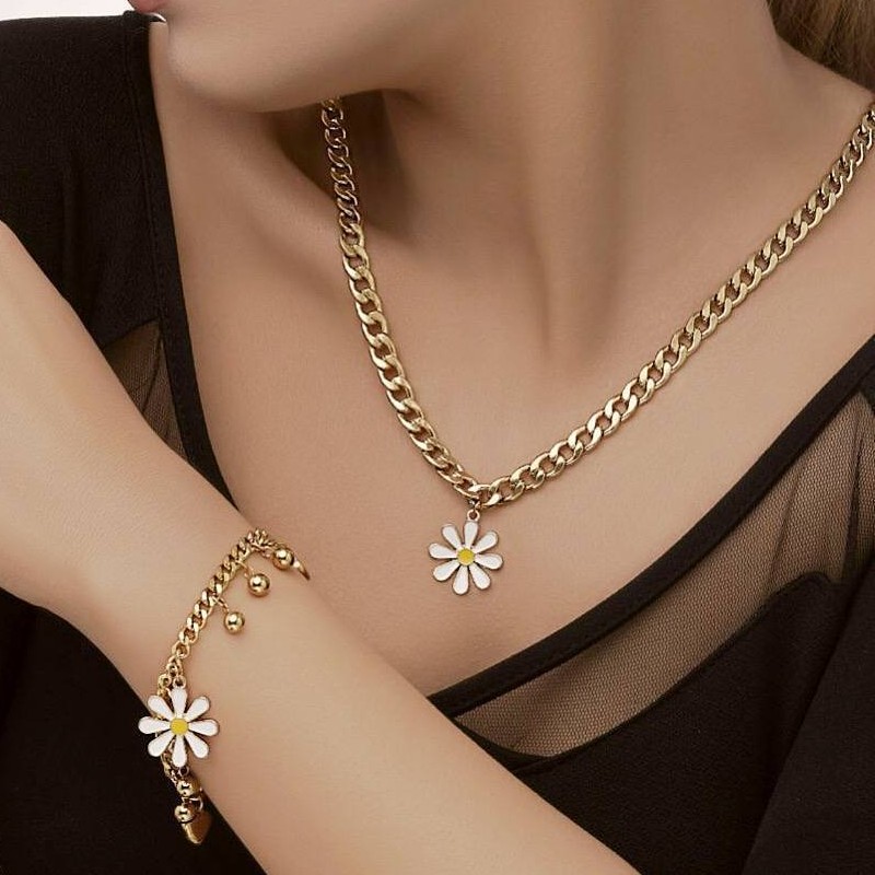 ست دستبند و گردنبند با آویز بابونه استیل کد20577