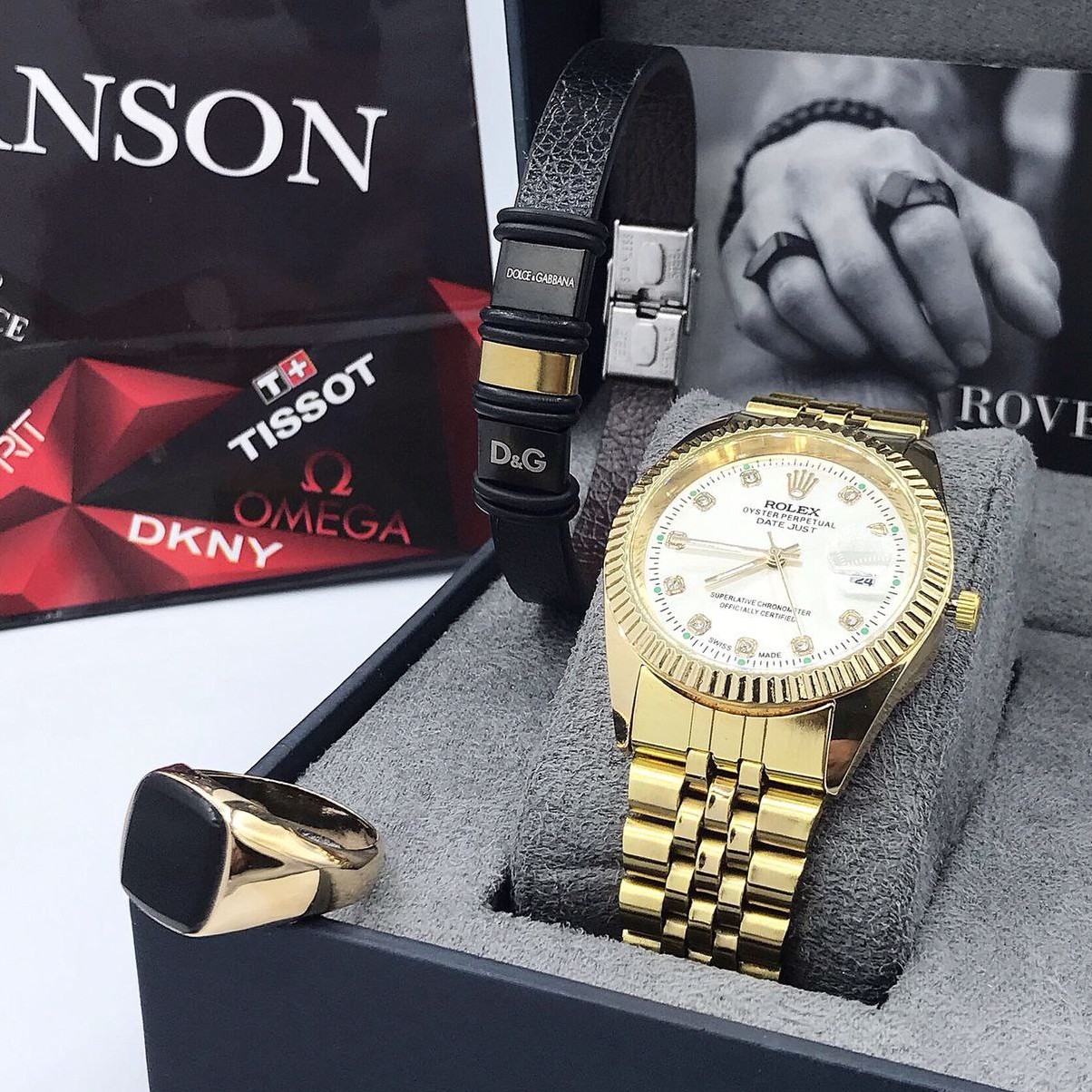 ست ساعت و دستبند و انگشتر مردانه ساعت تاریخدار مارک ROLEX کد886450