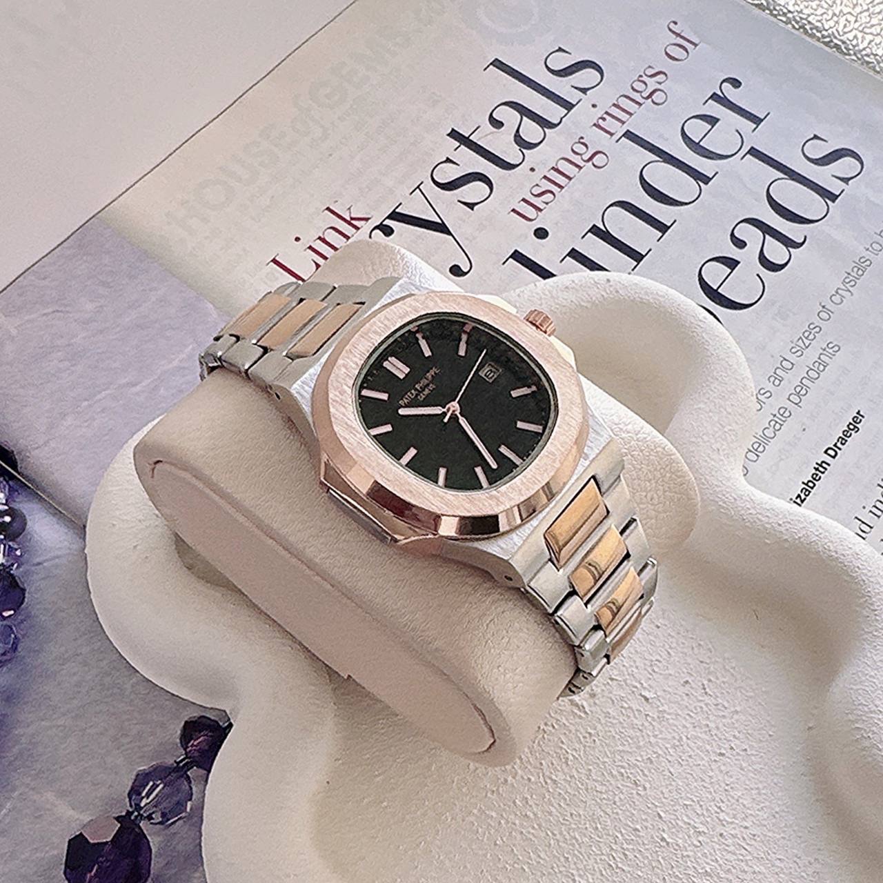 ساعت مچی مردانه هایکپی مارک فیلیپ PATEK PHILIPPE موتور ژاپن فول استیل رنگبندی مشکی و نقره ای رزگلد ارسال رایگان
