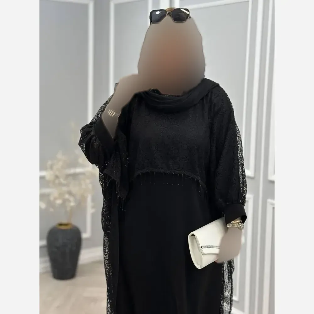ست دوتیکه مجلسی زنانه مدل رویال سارافن بوگاتی با رویه دانتل مشکی سایز فری 38 تا 48