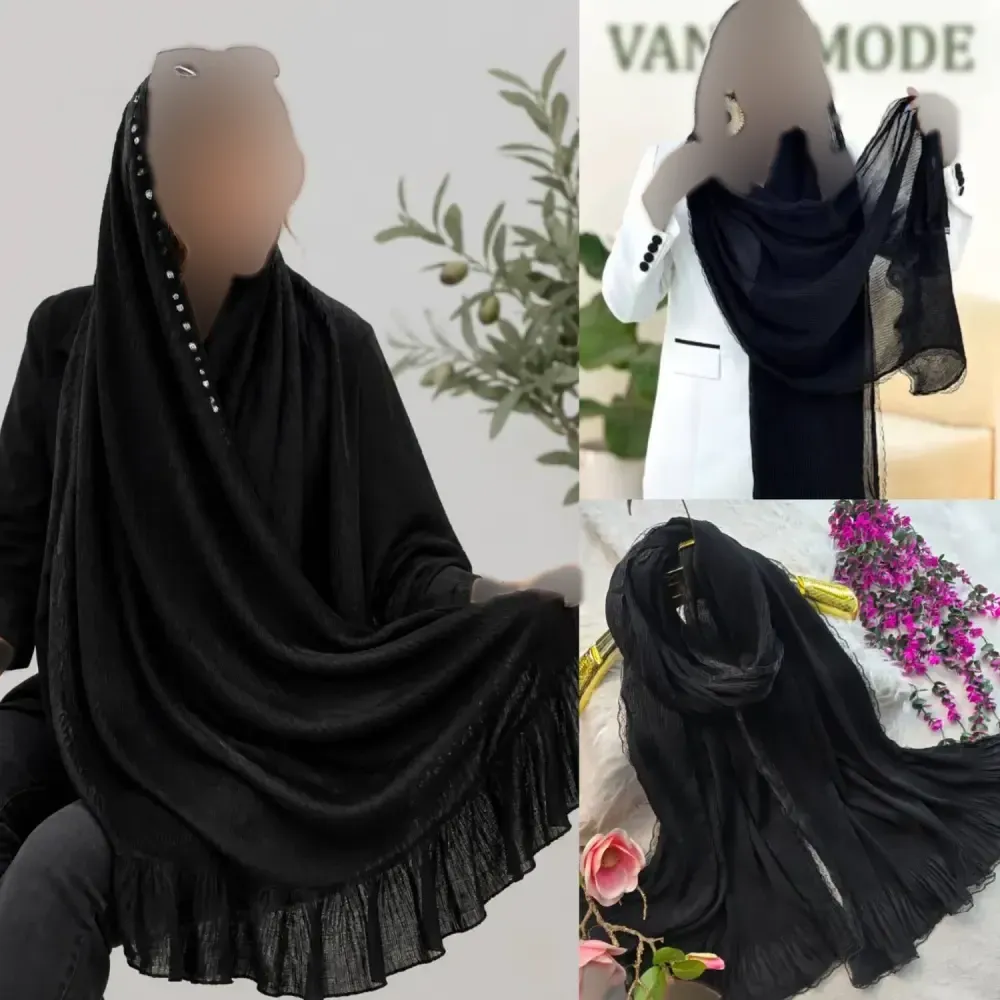 شال مجلسی زنانه طرح درختی دور دانتلی و لب نگین دار سایز 70 در 180 سانتی متر