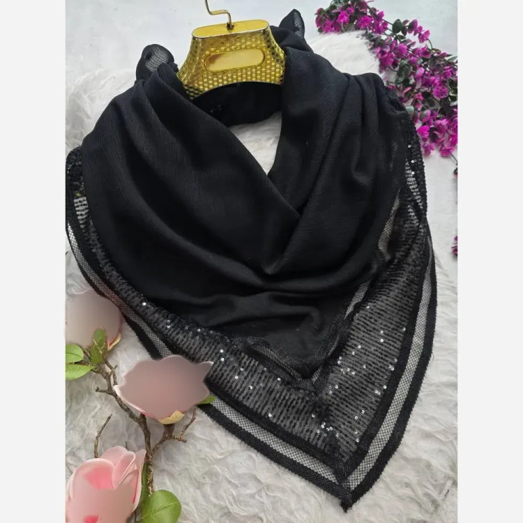 روسری مزونی مشکی طرح درختی حاشیه پولک و دانتل دوزی سایز 100 در 100