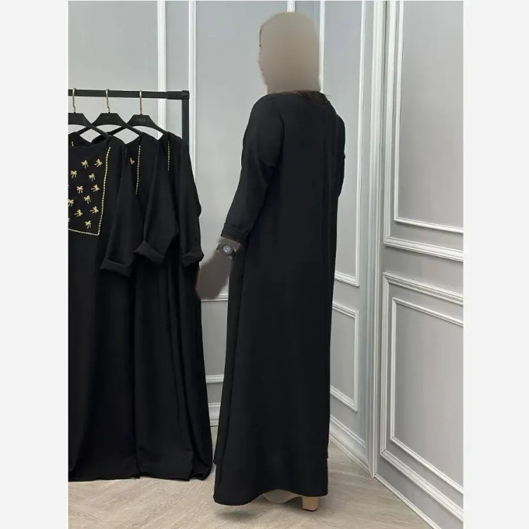 عبا زنانه مدل پاپیونی گلدوزی شده جنس شانتون رنگ مشکی سایز 38 تا 48