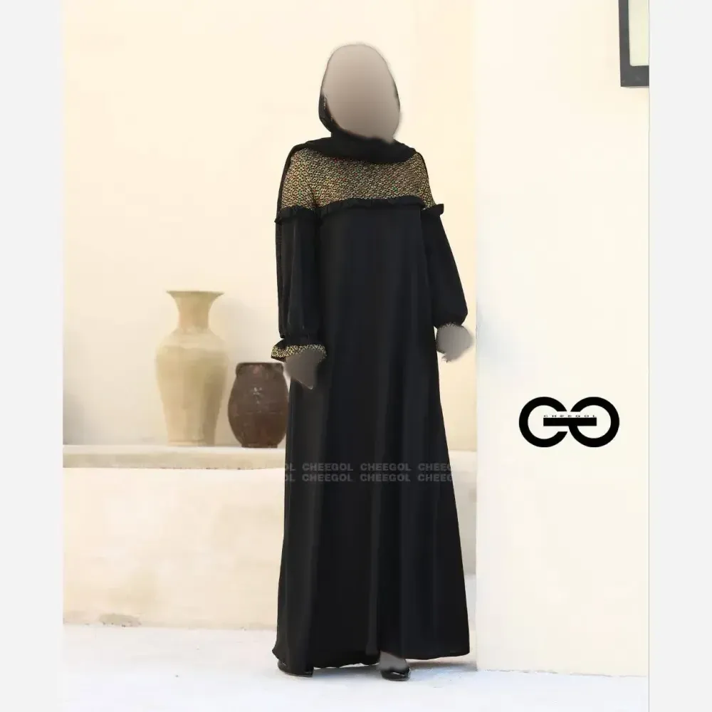عبا زنانه طرح دنیا جنس الیزه و خرجکار تافته هندی رنگ مشکی سایز 40 تا 60