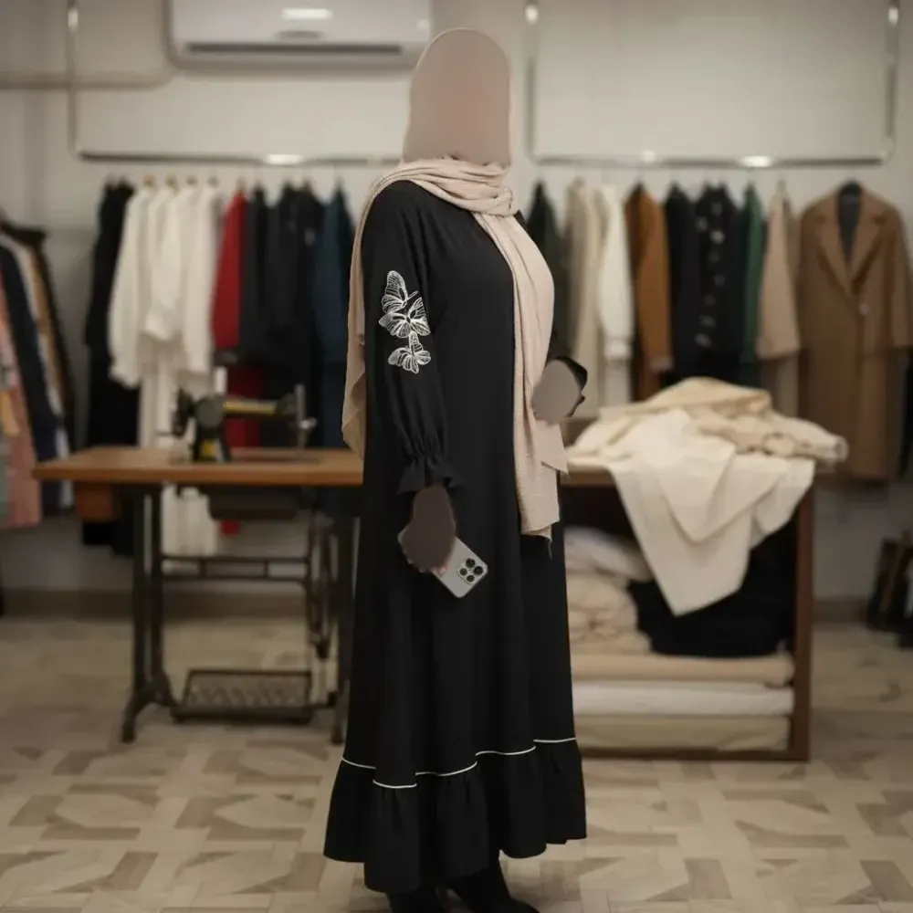 عبا زنانه مدل رند چیندار پارچه الیزه مشکی گلدوزی شده