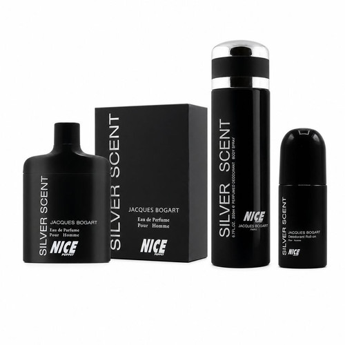 ست ادوپرفیوم مردانه نایس پاپت مدل Silver Scent SET با رایحه گرم و چوبی حجم 85 میلی لیتر و اسپری مردانه نایس پاپت مدل Silver Scent با رایحه گرم و شرقی حجم 200 میلی لیتر و رول دئودورانت مردانه نایس پاپت مدل Silver Scent با رایحه گرم و شیرین حجم 60 میلی لیتر
