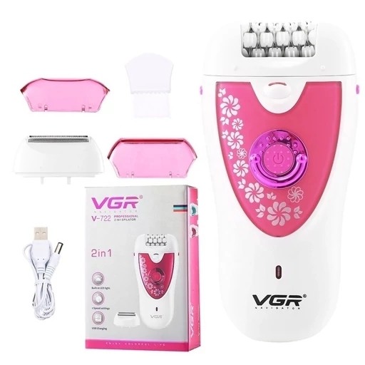 اپیلاتور 2 کاره صورت و بدن ( پک 5 عددی ) وی جی آر V-722 شارژی موکن اپیلیدی و ماشین اصلاح 722 (خرید شیور گناوه مارکت )