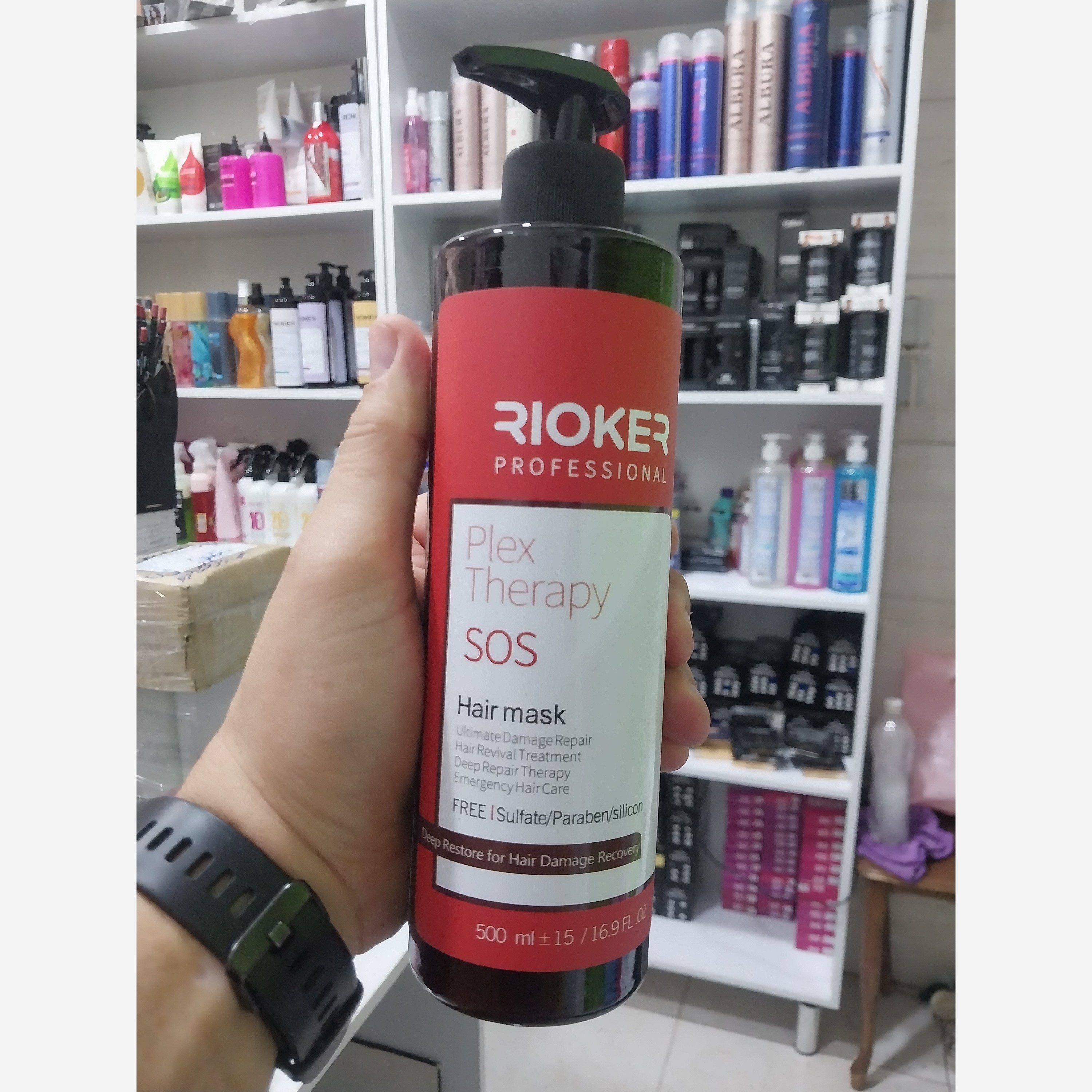 ماسک موی ریوکر پلکس ترابیSOS و احیای کننده بسار قوی مو برای موهای آسیب دیده و خشک ب آبکشی 500 میل بدون سولفات و پارابن