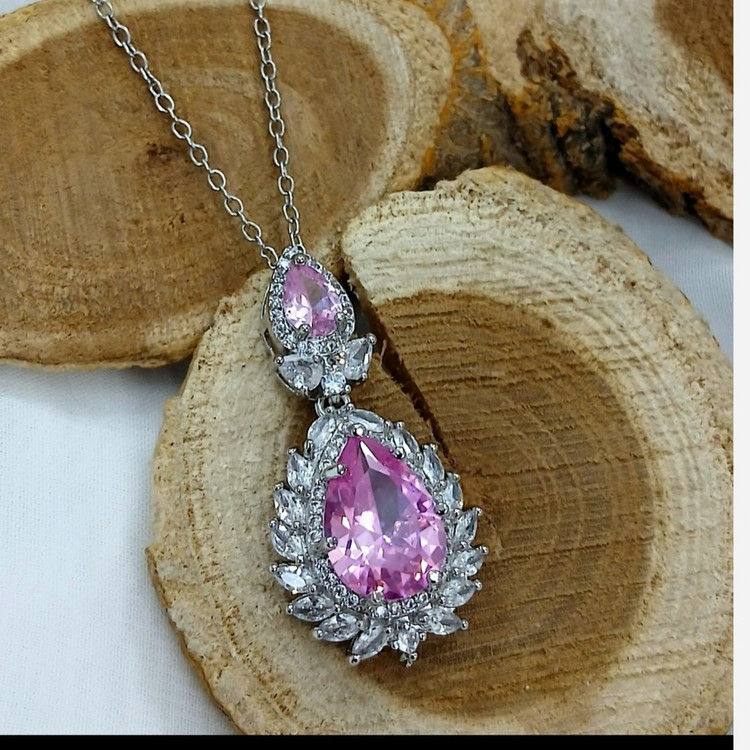 گردنبند زنانه طرح نقره نگین صورتی اشکی خاص و شیک درجه یک