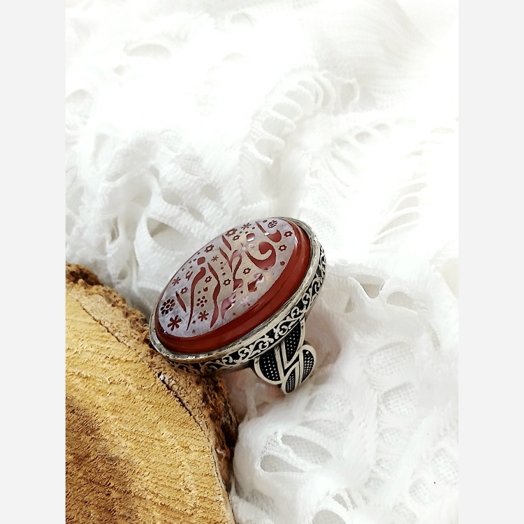 انگشتر مردانه طرح نقره نگین عقیق درشت نوشته شده یا فاطمه زهرا