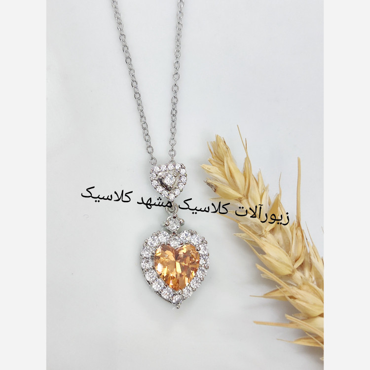 گردنبند استیل نگین زرد طرح سیترین نقره ای قلبی