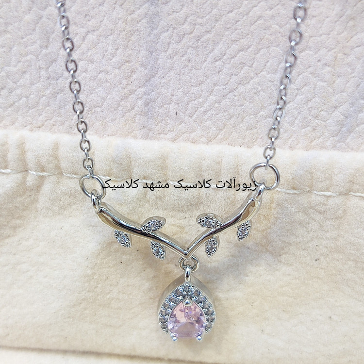 گردنبند نقره ای شاخ گوزن آویز نگین صورتی