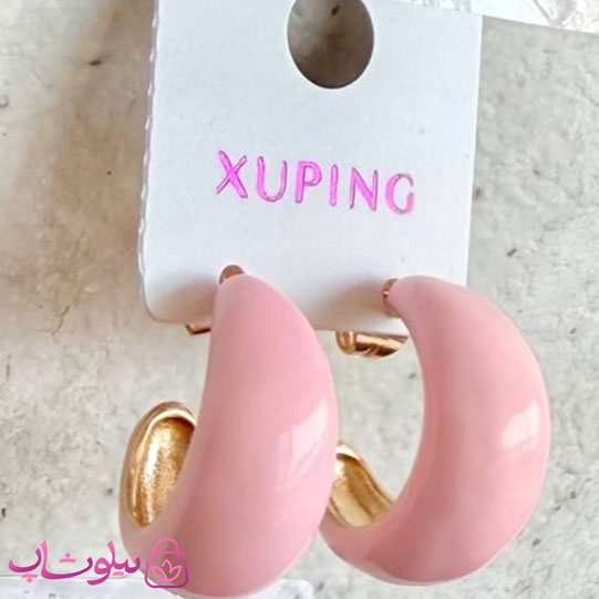 گوشواره حلقه ای ژوپینگ طلایی رنگ مدل صورتی پاستیلی کد 4991