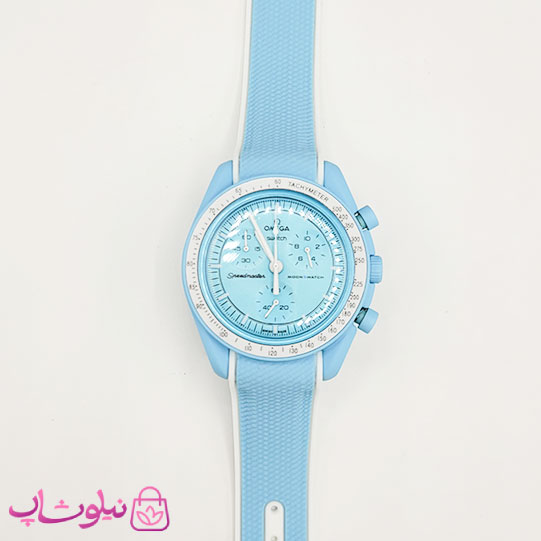ساعت امگا سواچ moonswatch با بند رابر زنانه مردانه رنگ آبی سفید کیفیت مستر کد 3750