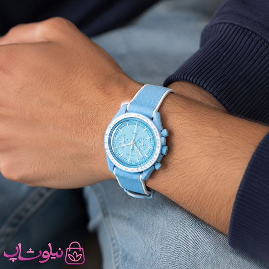 ساعت امگا سواچ moonswatch با بند رابر زنانه مردانه رنگ آبی سفید کیفیت مستر کد 3750