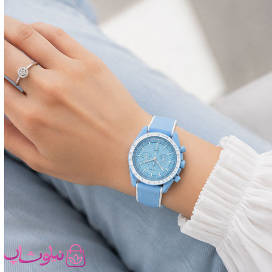 ساعت امگا سواچ moonswatch با بند رابر زنانه مردانه رنگ آبی سفید کیفیت مستر کد 3750