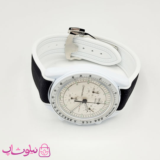 ساعت امگا سواچ moonswatch با بند رابر زنانه مردانه رنگ سفید مشکی کیفیت مستر کد 3750