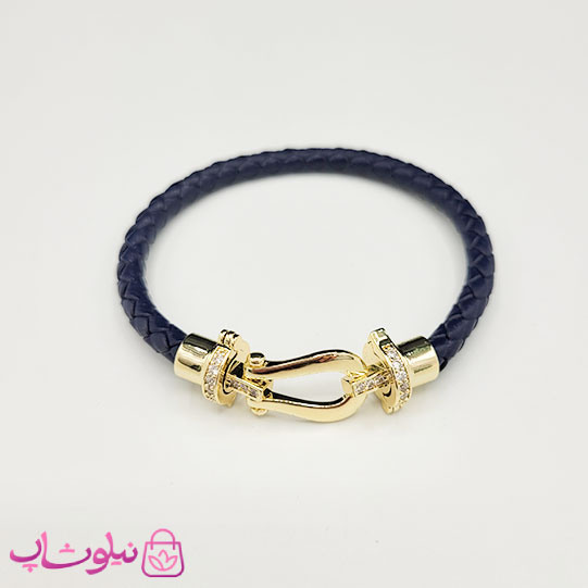 دستبند زنانه برند فرد Fred مدل چرم مشکی با قفل طلایی نگیندار استیل کیفیت مستر کد 680